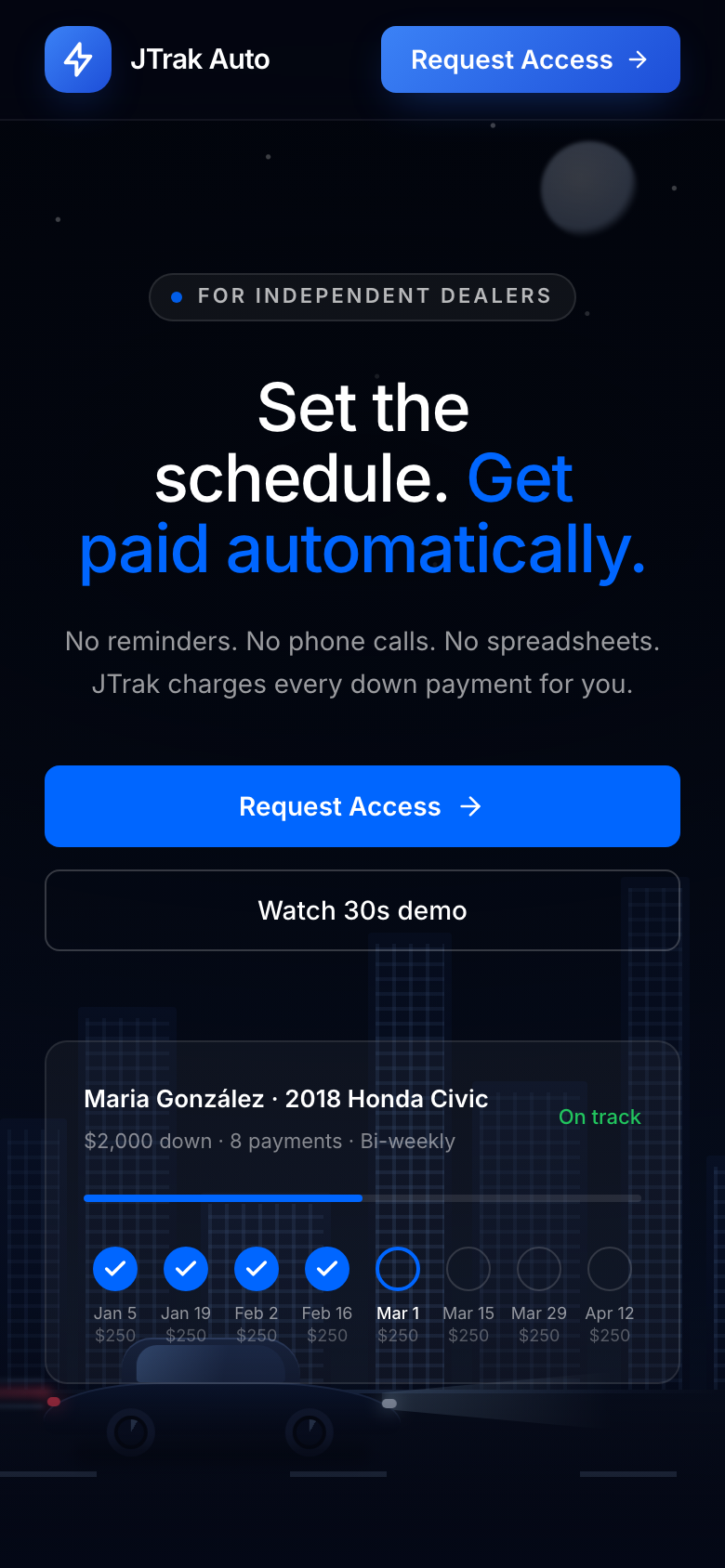 JTrak Auto on mobile, showing a customer’s down-payment schedule with completed payments checked off